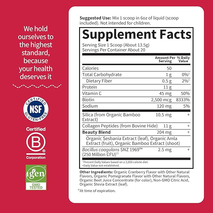 Garden of Life Grass Fed Collagen Beauty - Cranberry Pomegranate, 20 Servings, Powder for Women Men Hair Skin Nails, Hydrolyzed Collagen Peptides Protein Powder Supplement