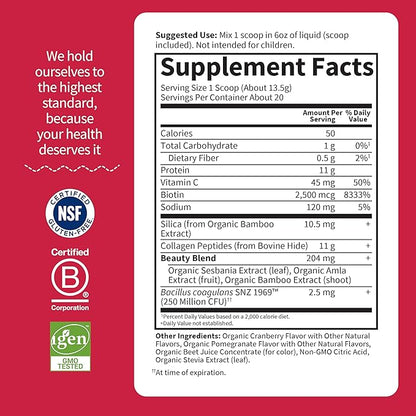 Garden of Life Grass Fed Collagen Beauty - Cranberry Pomegranate, 20 Servings, Powder for Women Men Hair Skin Nails, Hydrolyzed Collagen Peptides Protein Powder Supplement
