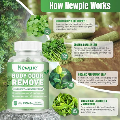 Newpie Body Deodorizing Supplement, Chlorophyll Capsules for Skin Body Odor, Fresh Breath & Gut Odor Control for Men & Women | Vegan with Parsley Leaf Green Tea, Gluten Free, 60 Capsules (1)
