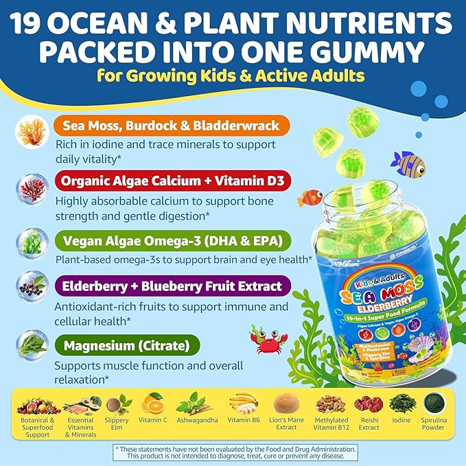 Sea Moss + Elderberry Gummies for Kids & Adults, 19-IN-1 Super Food with Spirulina, Algae Omega 3, Algae Calcium, Ashwagandha, Mushroom, Vitamins D3, C for Immune, Gut, Bone, Energy, Brain,Vegan 60Cts