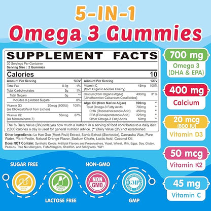 Kids Omega 3 Gummies + Calcium 400mg + Vitamin D3 K2 + C, Omega-3 DHA & EPA Supplement - No Fish Burps, No Sugar - Kids & Teens Omḛga 3 + Multivitamin Gummy for Strong Bones, Brain, Immune, Eye, 2Pack