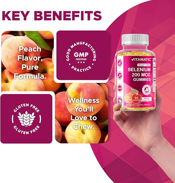 Vitamatic Yeast Free Selenium Gummies 200mcg as Selenomethionine Supplement Essential Trace Mineral with Superior Absorption 90 Pectin Based Gummies