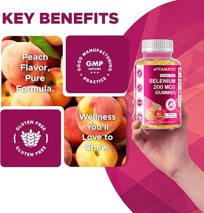 Vitamatic Yeast Free Selenium Gummies 200mcg as Selenomethionine Supplement Essential Trace Mineral with Superior Absorption 90 Pectin Based Gummies