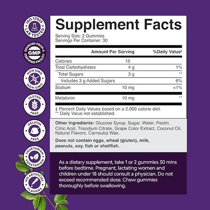 Melatonin Gummies 10mg per Serving - Fast Acting Tasty Sleep Gummies for Adults Extra Strength Melatonin 10mg for Adults Enhanced Sleep Quality & Duration - Non GMO & Vegan - 60 Ct