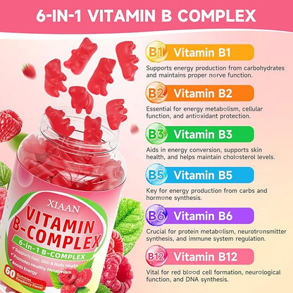 Vitamin B Complex Gummies for Women & Men - Vitamin B12, B1, B2, B3, B5, B6, B-Complex Vitamin Supplements for Energy & Immune Support, Sugar-Free/Vegan, Raspberry Flavor 120 Count