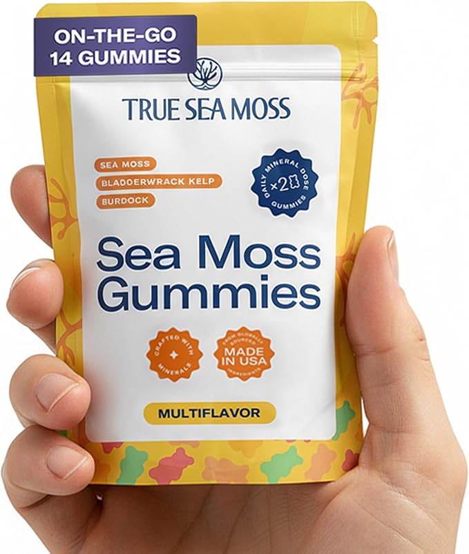 TrueSeaMoss Gummies Sample – 1200mg Irish Sea Moss + Bladderwrack & Burdock Root – Travel-Size, Vegan, Fruity, Gluten-Free – 14 Gummies – Easy On-the-Go Wellness – Made in USA
