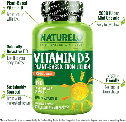 NATURELO Vitamin D - 5000 IU - Plant Based from Lichen - Natural D3 Supplement for Immune System, Bone Support, Joint Health - High Potency - Vegan - Non-GMO - Gluten Free - 180 Capsules (Pack of 2)