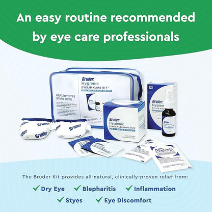 Bruder Hygienic Eyelid Care Kit - Moist Heat Eye Compress Mask, Eyelid Cleansing Wipes & Spray - Soothe Dry Eyes & Improve Health