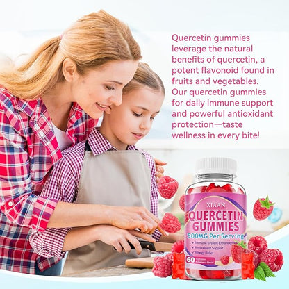Quercetin Gummies 500mg for Kids & Adults, Organic Quercetin Supplements with Bromelain Zinc Vitamin C and D3 Support Antioxidant & Immune System Health, Raspberry Flavor 60 Count