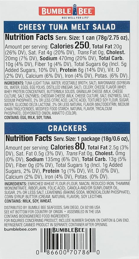 Bumble Bee Snack On The Run! Protein Snack Pack - 9g Protein per Box - Cheesy Melt Tuna Salad with Crackers Kit - Ready to Eat Easy-Open Can - Wild Caught MSC-Certified Tuna (Pack of 12)