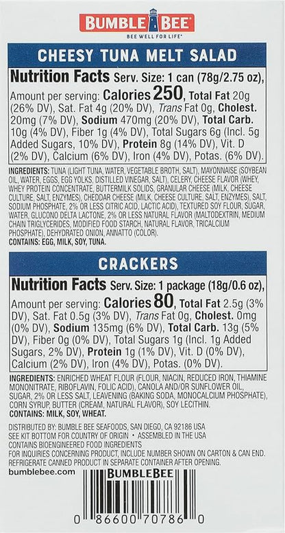 Bumble Bee Snack On The Run! Protein Snack Pack - 9g Protein per Box - Cheesy Melt Tuna Salad with Crackers Kit - Ready to Eat Easy-Open Can - Wild Caught MSC-Certified Tuna (Pack of 12)