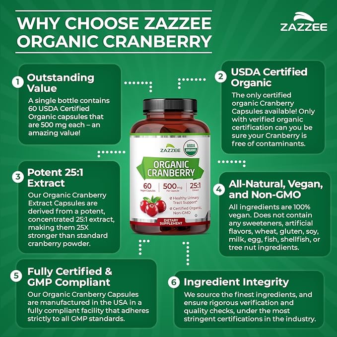 Zazzee USDA Organic Cranberry 25:1 Extract, 500 mg per Capsule, 60 Vegan Capsules, 2 Month Supply, Certified Kosher, Vaccinium Macrocarpon, Urinary Tract & Bladder Support, Non-GMO, Made in the USA