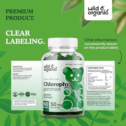 Wild & Organic Chlorophyll Gummies 50mg - Detox Cleanse Supplements w/Sodium Copper Chlorophyllin - Internal Deodorant w/Chlorophyll Powder - Vegan, Non-GMO - 60 Herbal Chews
