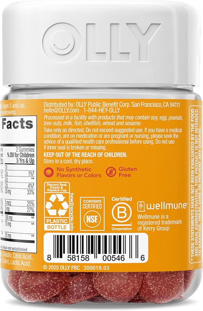 OLLY Kids Immunity Gummy, Immune Support, Wellmune, Elderberry, Vitamin C, Zinc, Chewable Supplement, Cherry - 50 Count