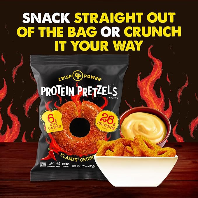 CRISP POWER Protein Pretzels, NEW Flamin' Crunch, 26G Protein, High Protein Snack, High Fiber, Low Carb Crunchy Pretzel Snacks, No Added Sugar, 1.75 oz Bags, 24 Pack, Vegan, Keto