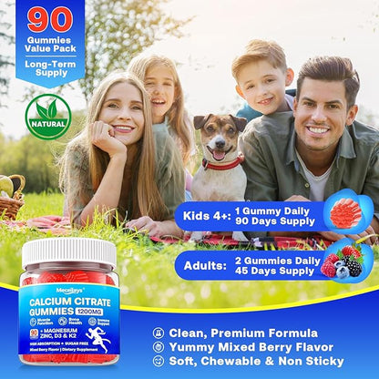 90 Count Calcium Citrate Gummies 1200 mg with Vitamin D3, K2, Magnesium & Zinc, High Absorption Calcium Supplements for Women & Men for B0ne, Muscle & Immune Support, Sugar Free, Mixed Berry Flavor