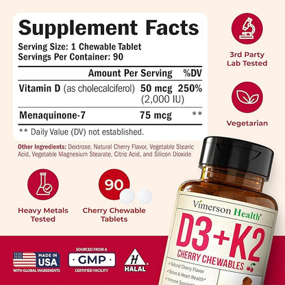 Vitamin D3 K2 Supplement – All-in-1 Support for Immune, Bone & Heart Health – Vitamin D + Vitamin K (as MK7) – K2 D3 2000IU Vitamin Supplement, 90 Natural Cherry-Flavored Chewables