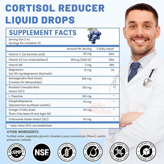 10 in 1 Cortisol Supplements for Women & Men, Cortisol Reducer with Ashwagandha, Magnesium, L-Theanine, Hormone Balance Drops - Sleep & Mood Support, 2 Fl Oz, Blueberry Flavor