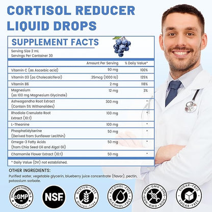 10 in 1 Cortisol Supplements for Women & Men, Cortisol Reducer with Ashwagandha, Magnesium, L-Theanine, Hormone Balance Drops - Sleep & Mood Support, 2 Fl Oz, Blueberry Flavor