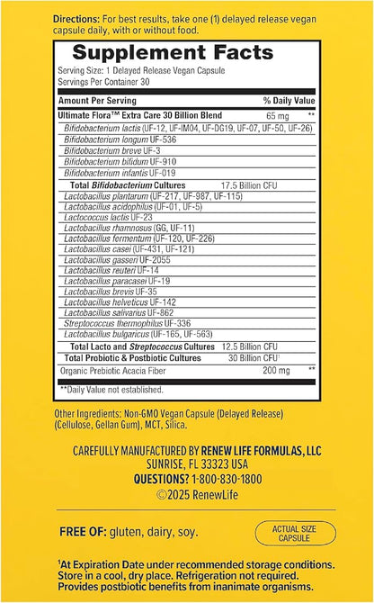 Renew Life Extra Care Go-Pack Probiotic Capsules, Daily Supplement Supports Immune, Digestive and Respiratory Health, L. Rhamnosus GG, Dairy, Soy and gluten-free, 30 Billion CFU, 30 Ct