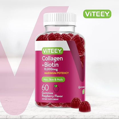 Viteey Collagen Gummies with Biotin Gummies for Hair Skin and Nails Vitamins - Biotin and Collagen Supplements for Women & Men - Gluten-Free – 60 Count