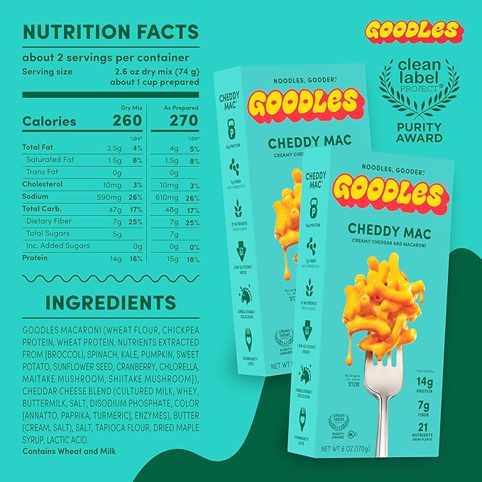 Goodles Cheddy Mac Creamy Cheddar and Macaroni Pasta - Nutrient Packed with Real Cheese, Fiber, Protein, Prebiotics, Plants, & Vegetables | Non-GMO, Organic Ingredients [Cheddy Mac, 6 oz. 1 Pack]