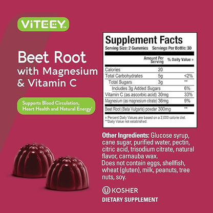 Viteey Beet Root Gummies with Magnesium & Vitamin C - Beetroot Supplement for Heart Health, Blood Pressure Support - Vegan, Gluten-Free - 120 Count