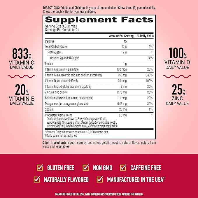 Vitamin C 750mg (per Serving) - Airborne Assorted Fruit Flavored Gummies (63 Count in a Bottle), Gluten-Free Immune Support Supplement with Vitamins A C E, Selenium, Echinacea & Ginger