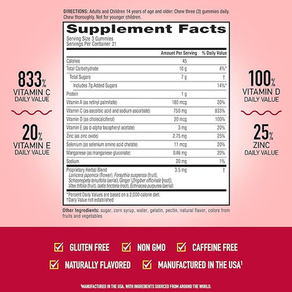 Vitamin C 750mg (per Serving) - Airborne Assorted Fruit Flavored Gummies (63 Count in a Bottle), Gluten-Free Immune Support Supplement with Vitamins A C E, Selenium, Echinacea & Ginger