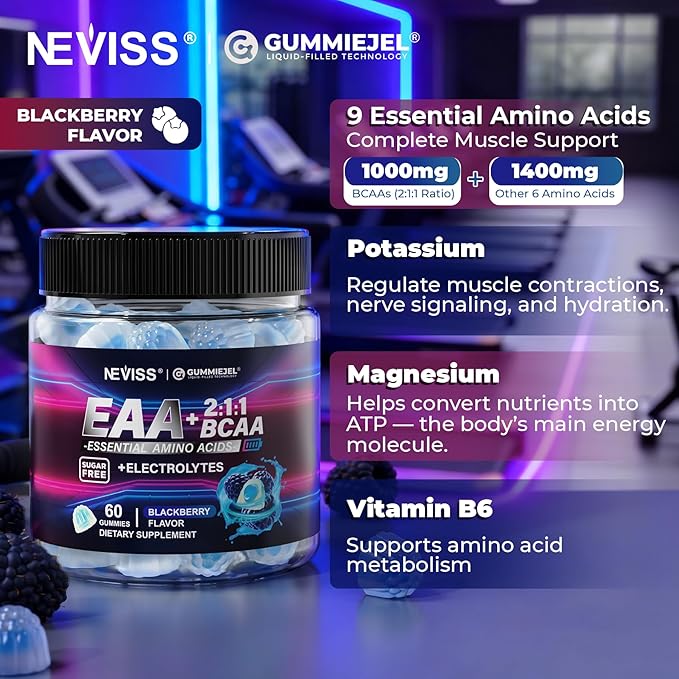 Essential Amino Acids EAA Gummies Nutritional Supplements for Women Men, BCAAs Branched Chain Amino Acids Supplement Gummies w/ Electrolyte Hydration, Black Raspberry Flavor, Gluten Free, Vegan, 120ct