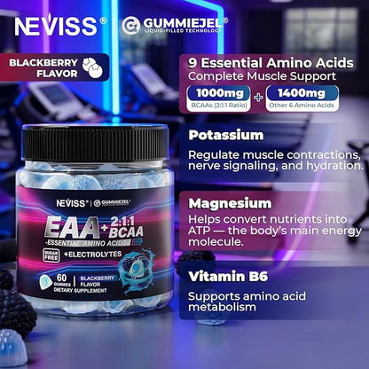 Essential Amino Acids EAA Gummies Nutritional Supplements for Women Men, BCAAs Branched Chain Amino Acids Supplement Gummies w/ Electrolyte Hydration, Black Raspberry Flavor, Gluten Free, Vegan, 120ct