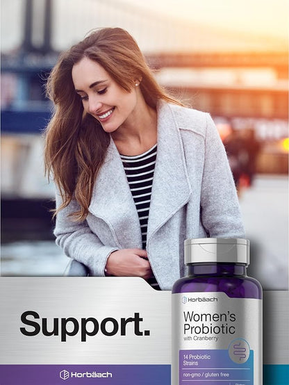 Horbäach Probiotic for Women with Cranberry | 90 Vegetarian Capsules | Dietary Supplement with 14 Probiotic Strains | Non-GMO, Gluten Free Supplement