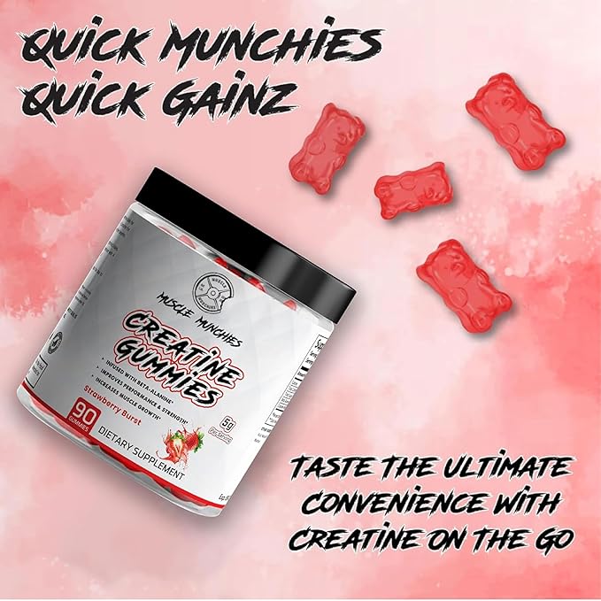 Muscle Munchies Creatine Chewable Gummies for Men & Women-Infused with Beta Alanine-5g of Creatine Per Serving-Increases Strength, Endurance, & Recovery-Vegan, NonGMO (Strawberry Burst)