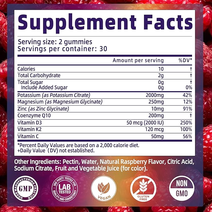 Potassium Citrate Gummies 2000mg, High Potency Electrolyte Gummies, Potassium Supplement with Magnesium glycinate, Zinc, Vitamin C D3 K2, for Electrolyte Balance, Leg Cramps, Muscle Support, 60 Chews