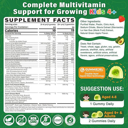 Kids Multivitamin Gummies, 20+ Super Greens Fruit and Veggies Supplement Superfood Daily Gummies with Probiotics for Kids Gummy Vitamins & Minerals for Tummy & Immune Support -Vegan, Sugar Free, 60Cts