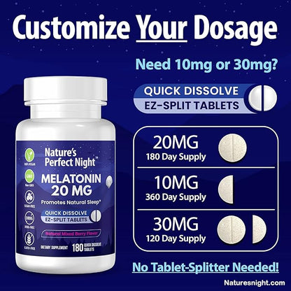 Nature's Perfect Night | Melatonin 20mg | 180 Quick Dissolve Tablets | Natural Mixed Berry Flavor |High Potency | Sugar Free | Vegan | Gluten Free | Value Size