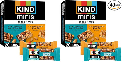 KIND Minis Snack Bars,Dark Chocolate Nuts & Sea Salt and Caramel Almond & Sea Salt,3g Sugar,Gluten Free Bars,Variety Pack,0.7 OZ,20 Count (Pack of 2)