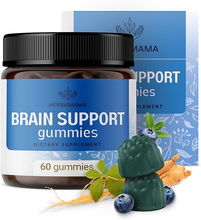 HERBAMAMA Brain Support Gummies – Brain Focus Supplements for Adults with Ashwagandha, Bacopa Monnieri, Vitamin C & B12 – Vegan, Non-GMO Calming Gummies – 60 Pectin-Based Blueberry-Flavored Chews