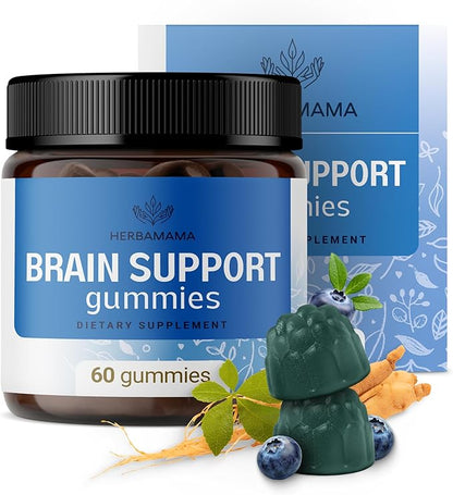 HERBAMAMA Brain Support Gummies – Brain Focus Supplements for Adults with Ashwagandha, Bacopa Monnieri, Vitamin C & B12 – Vegan, Non-GMO Calming Gummies – 60 Pectin-Based Blueberry-Flavored Chews