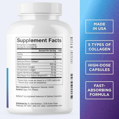 DR. EMIL NUTRITION Women's Multi Collagen Pills | Collagen Supplements to Support Hair, Skin, Nails, & Joints | Hydrolyzed Collagen Supplements Types I, II, III, V & X | 180 Capsules