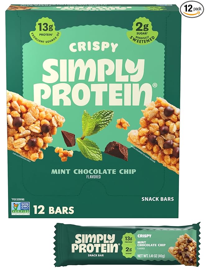 Simply Protein - Mint Chocolate Chip Crispy Bars - Plant Based Protein Bars - Low Carb, Low Sugar, High Fiber - 13g Protein, 2g Sugar, 7g Fiber - Vegan, Gluten Free, Non GMO, Kosher - 12 Bars