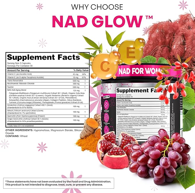 NAD+ Resveratrol Supplement for Women NAD Turmeric Vitamin C Acai Pomegranate Collagen Peptides Nicotinamide Riboside Fisetin Vitamin E Polygonum Multiflorum Berberine 90 Capsules by Clean Nutra