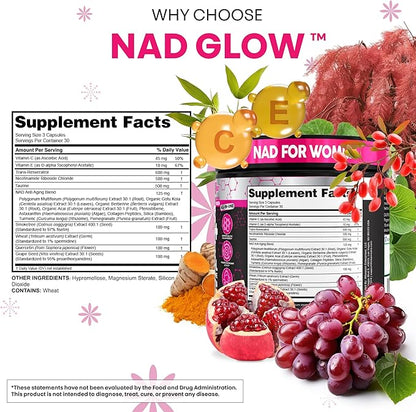 NAD+ Resveratrol Supplement for Women NAD Turmeric Vitamin C Acai Pomegranate Collagen Peptides Nicotinamide Riboside Fisetin Vitamin E Polygonum Multiflorum Berberine 90 Capsules by Clean Nutra