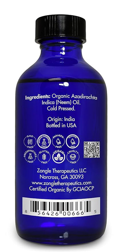 Organic, Neem Oil, for Plants, Skin, Hair, Dogs – 100% Pure, Neem Oil, by Zongle Therapeutics, 4 OZ