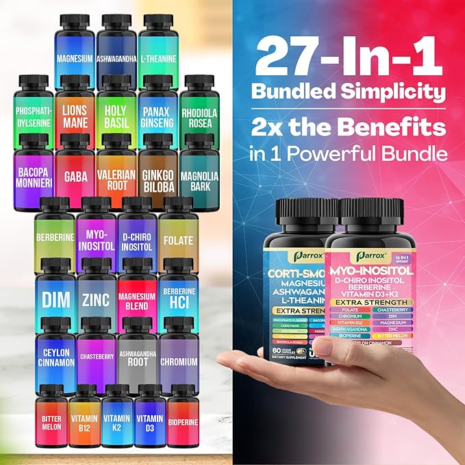 Cortisol & Myo-Inositol Supplement Bundle, Soothe & Smooth Bundle, Cortisol Balance, GABA, Magnesium, Ashwagandha, L-Theanine, D-Chiro Inositol, Folate, Berberine, Chasteberry, Zinc (3 Pack)