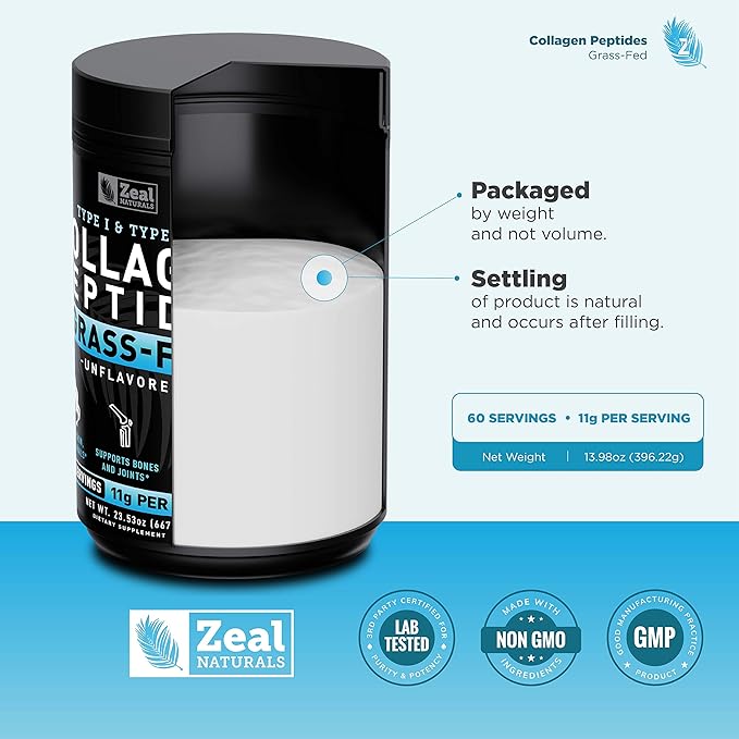 Zeal Naturals Hydrolyzed Collagen Peptides Powder, 10g Protein | Grass-Fed Collagen for Women & Men | Essential Amino Acids | Hair, Skin, Nails, Bone Health | 60 Servings, Unflavored, 23.53 oz.