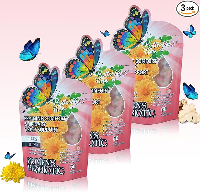 BUTTERFLY'S TEAR Women's Probiotic Gummies | 18-in-1 Feminine Comfort & Urinary Tract Support | 14 Probiotics + 4 Prebiotics | Peach Flavor | Intimate Moisture, pH Balance, Healthy Flora, 180 Chew