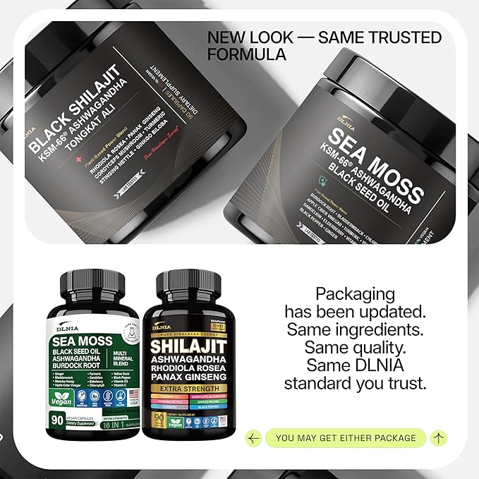 Shilajit 9000mg, Sea Moss 17500mg, Ginger & Black Seed Oil 4000mg, Ashwagandha 5000mg, Rhodiola Rosea, 1000mg Panax Ginseng 1500mg, All in 1 Supplement - Sea Moss & Shilajit Vitality Bundle
