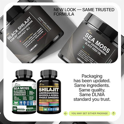 Shilajit 9000mg, Sea Moss 17500mg, Ginger & Black Seed Oil 4000mg, Ashwagandha 5000mg, Rhodiola Rosea, 1000mg Panax Ginseng 1500mg, All in 1 Supplement - Sea Moss & Shilajit Vitality Bundle