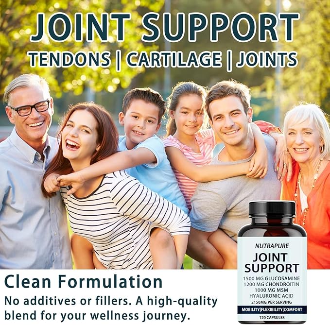 Nutrapure Joint Support - Glucosamine Chondroitin, MSM, Hyaluronic Acid & Bamboo Extract, Maintaining Joint Health - 120 Capsules